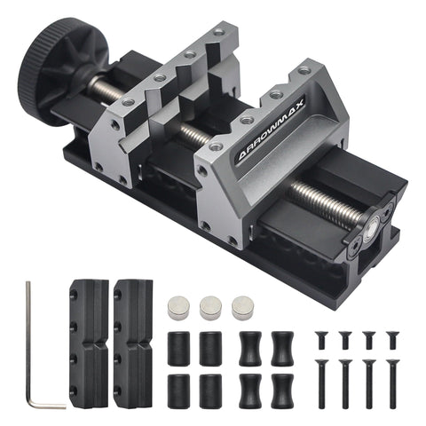 ARROWMAX AM double-ended mini bench vise on a workbench for precise, stable gripping.
