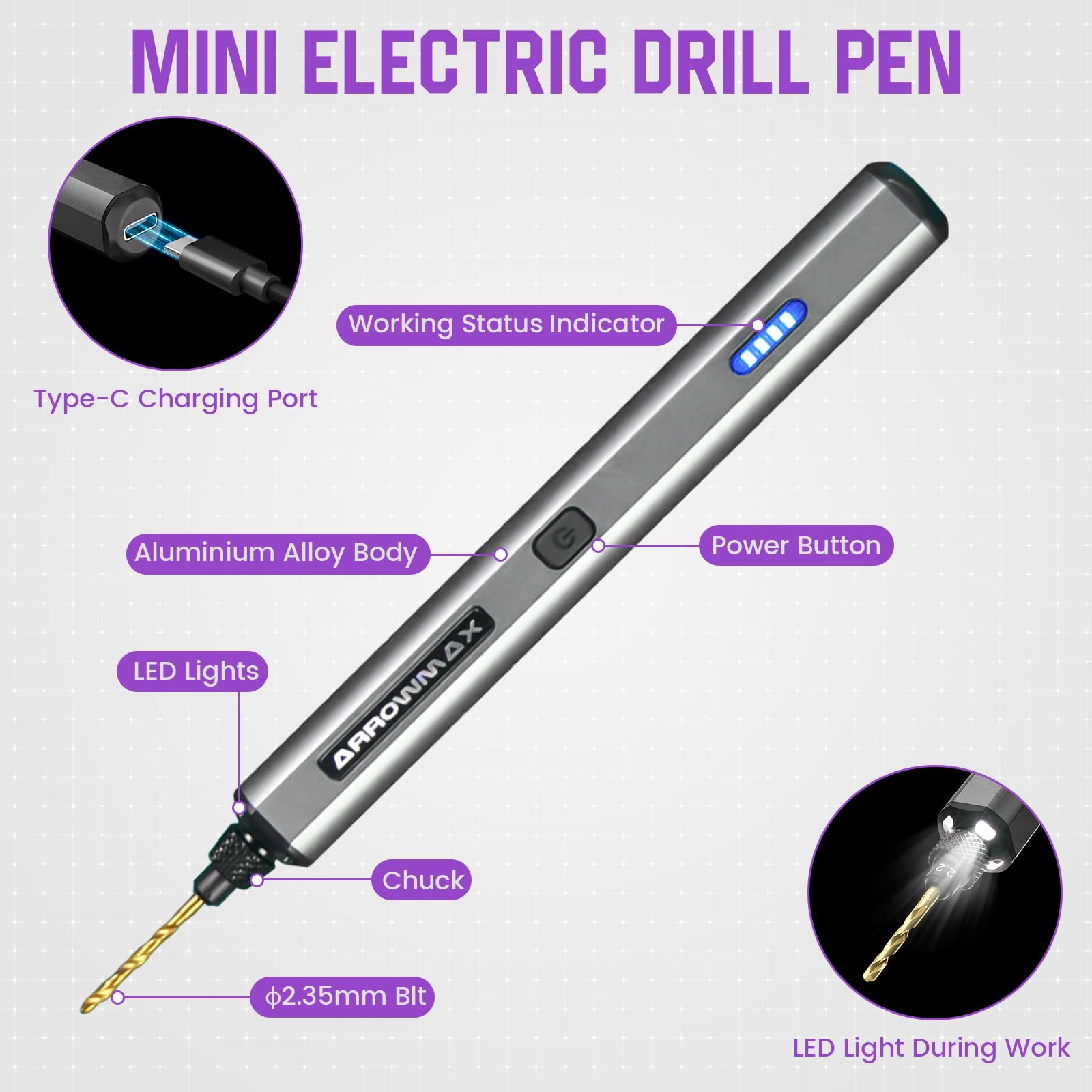 ARROWMAX mini drill pen delivers 600 rpm for efficient light drilling.