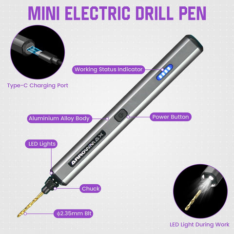 ARROWMAX mini drill pen delivers 600 rpm for efficient light drilling.