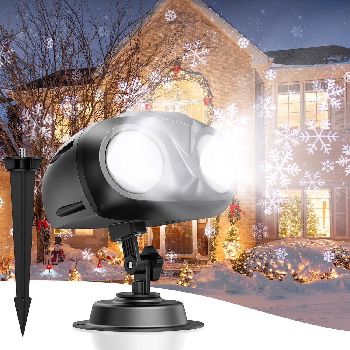 Art In Real double head snowflake projection light creates a dreamy outdoor winter scene.