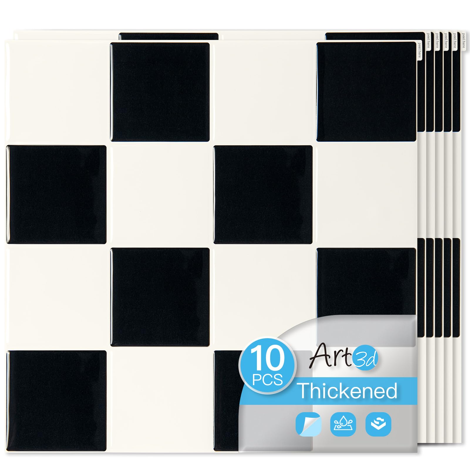 Art3d backsplash 12x12 black-white close-up highlights durable self-adhesive tile for quick kitchen updates.