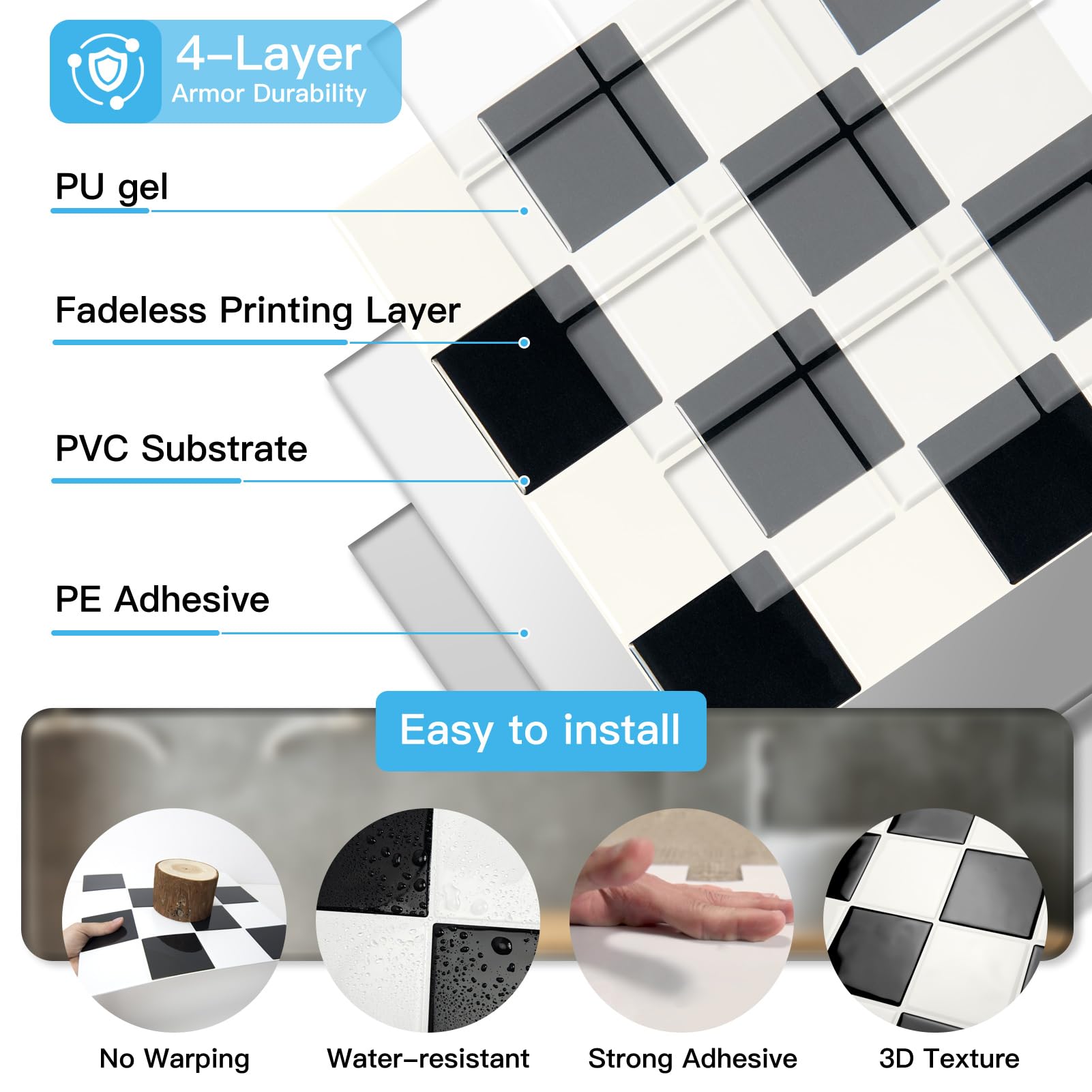 Art3d easy-install tiles make setup quick without grout.