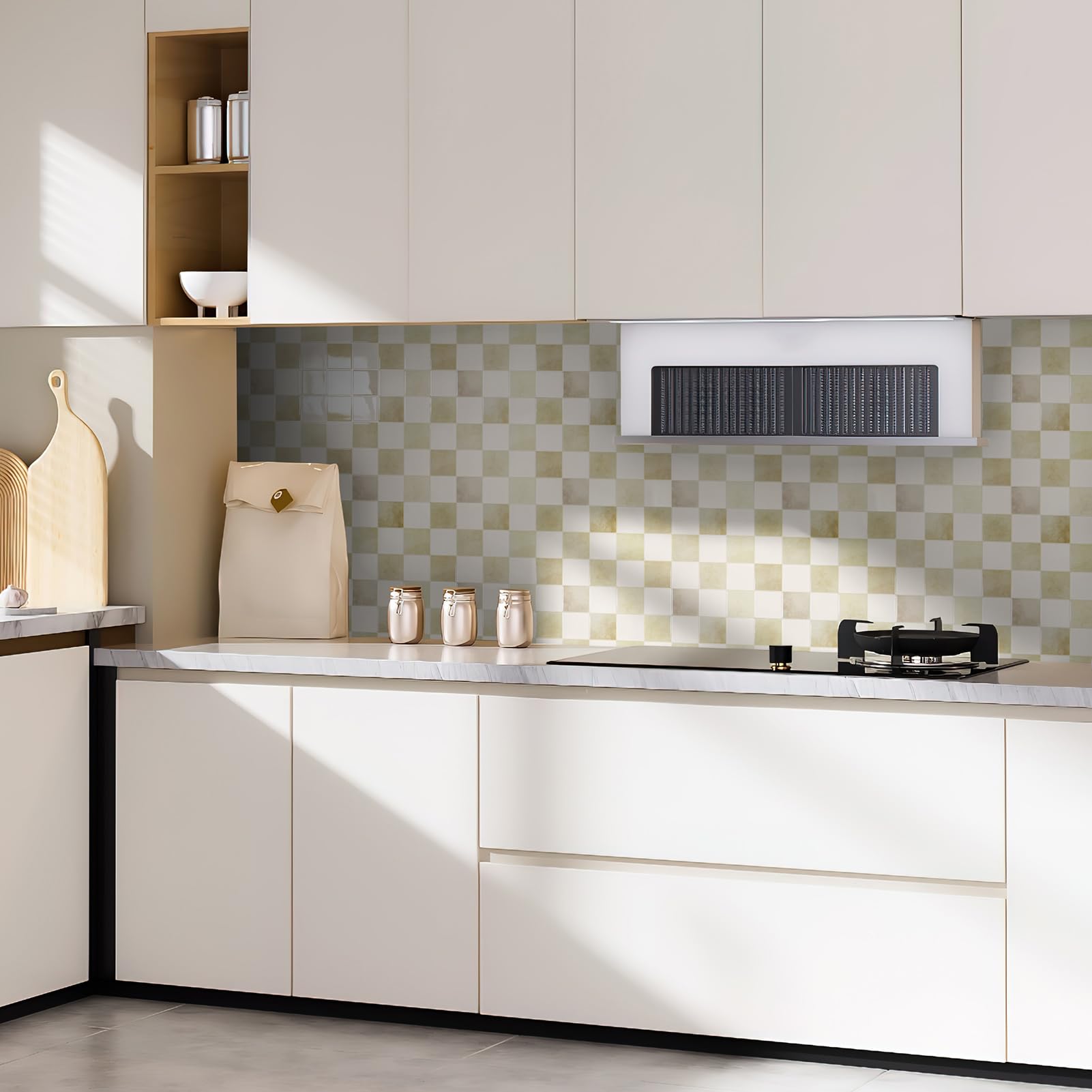 Art3d 12x12 beige-white backsplash tiles enhancing a modern counter setup