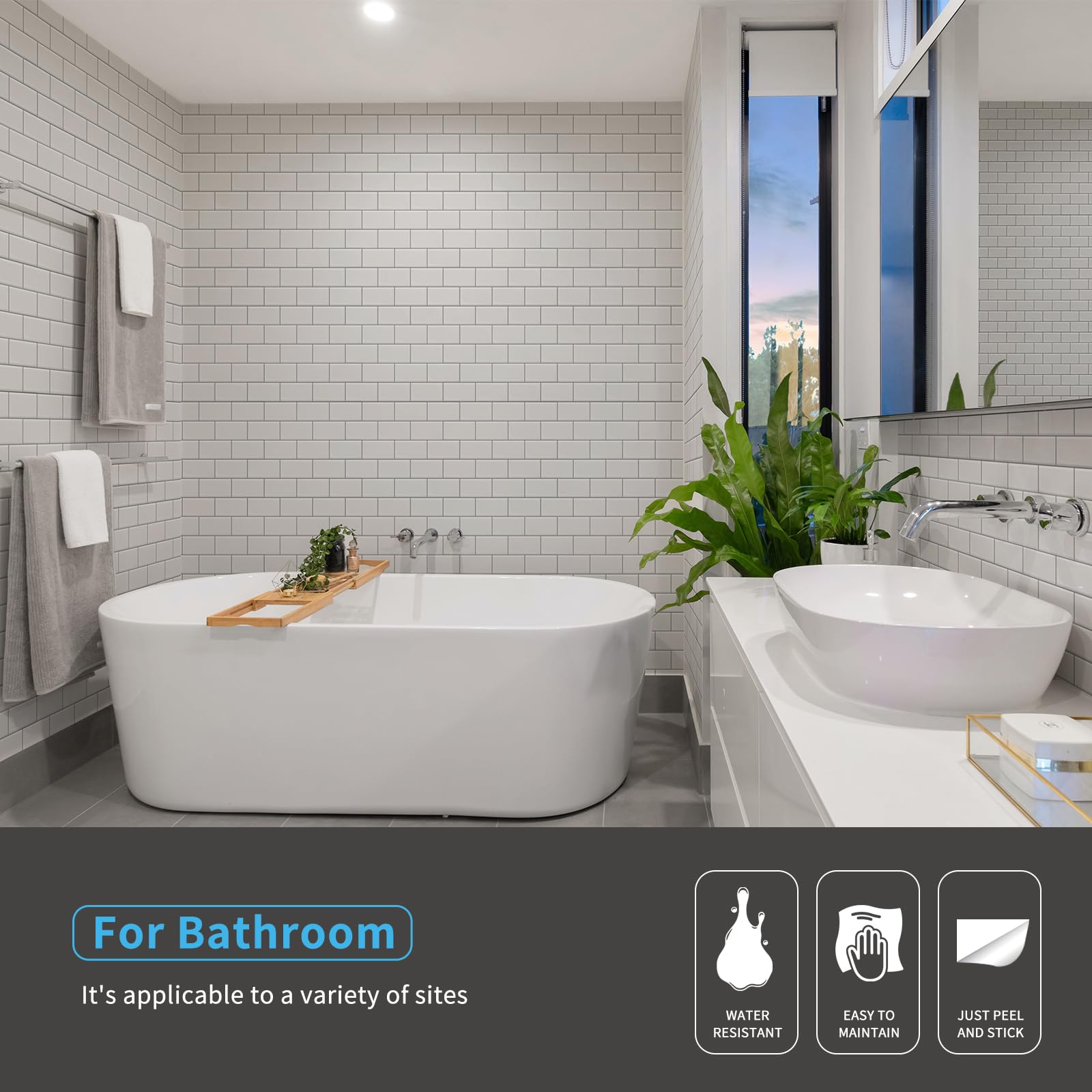 Art3d mono white tile with gray grout on a wall panel.