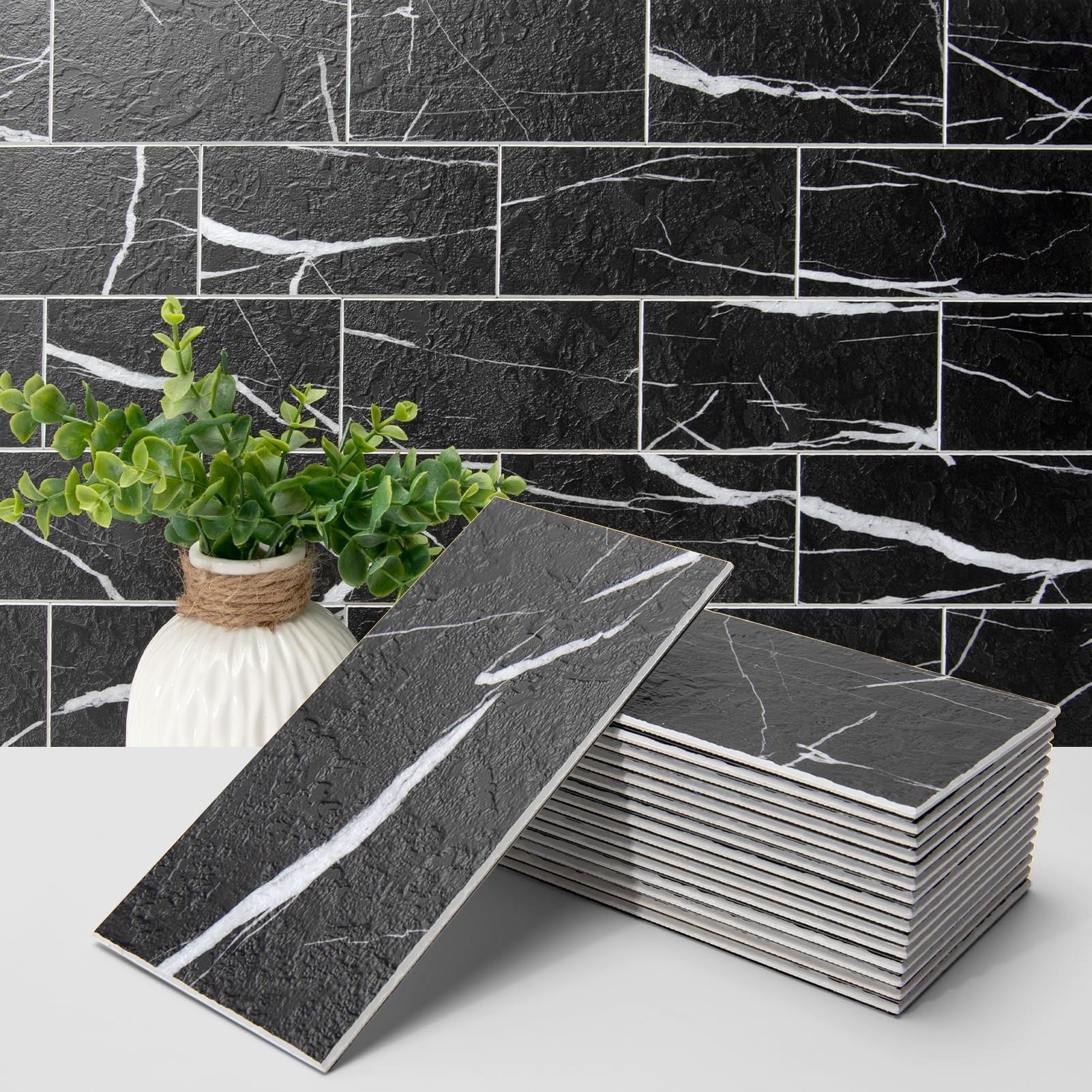 Art3d black marble texture peel-stick backsplash tile with realistic veining for kitchen upgrade