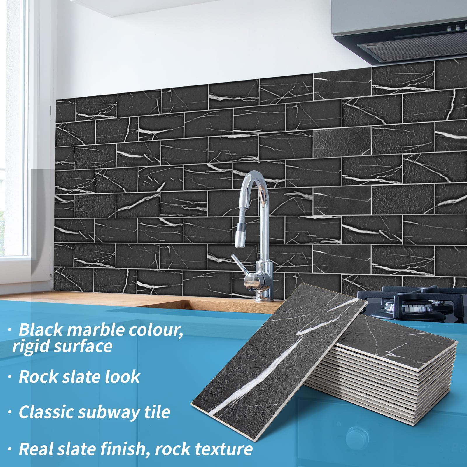 Art3d black marble texture peel-stick backsplash tile in a bathroom setting