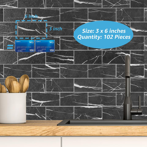 Art3d black marble texture peel-stick backsplash tile over a laundry area wall