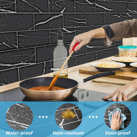 Art3d black marble texture peel-stick tile close up showing glossy finish