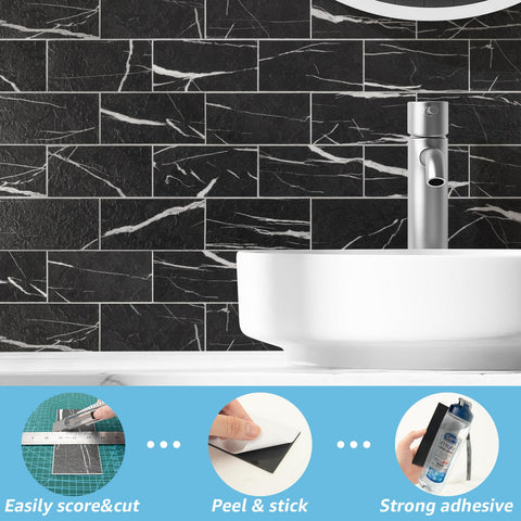 Art3d black marble texture peel-stick tiles arranged for a modern kitchen backsplash