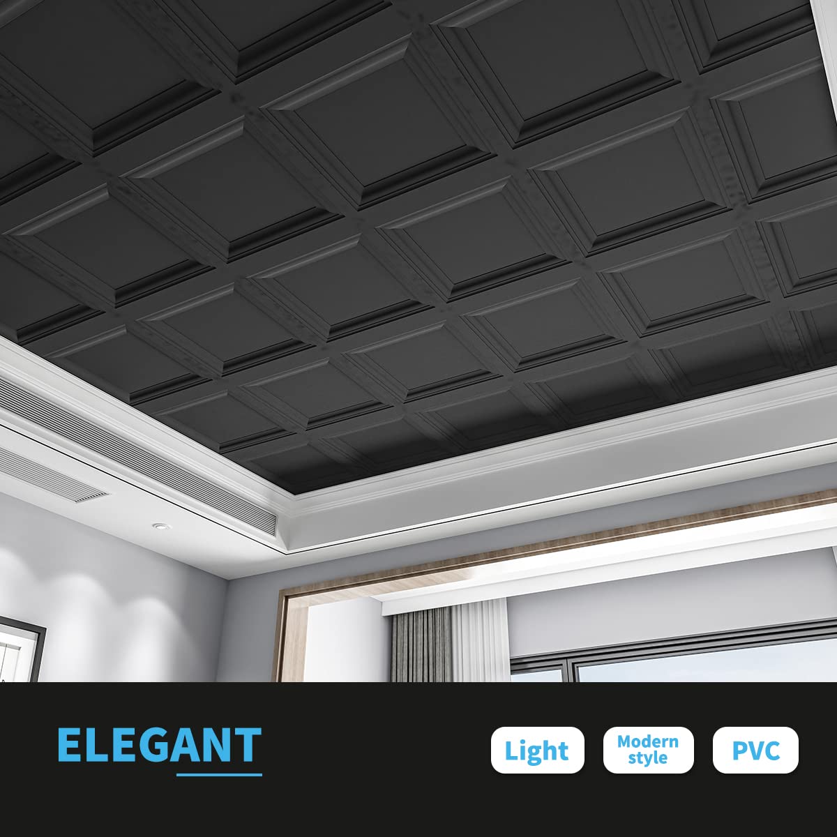 Art3d 24x24 black ceiling tile being placed into a grid system