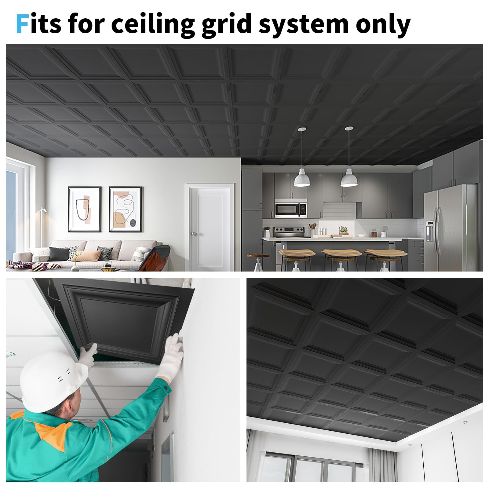 Art3d black 24x24 tile fitting standard grids in a workshop