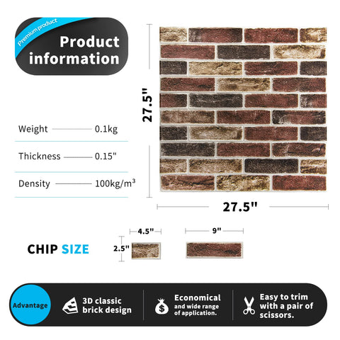 Art3d easy-adhesion brick panel red brown applied to a clean wall surface.