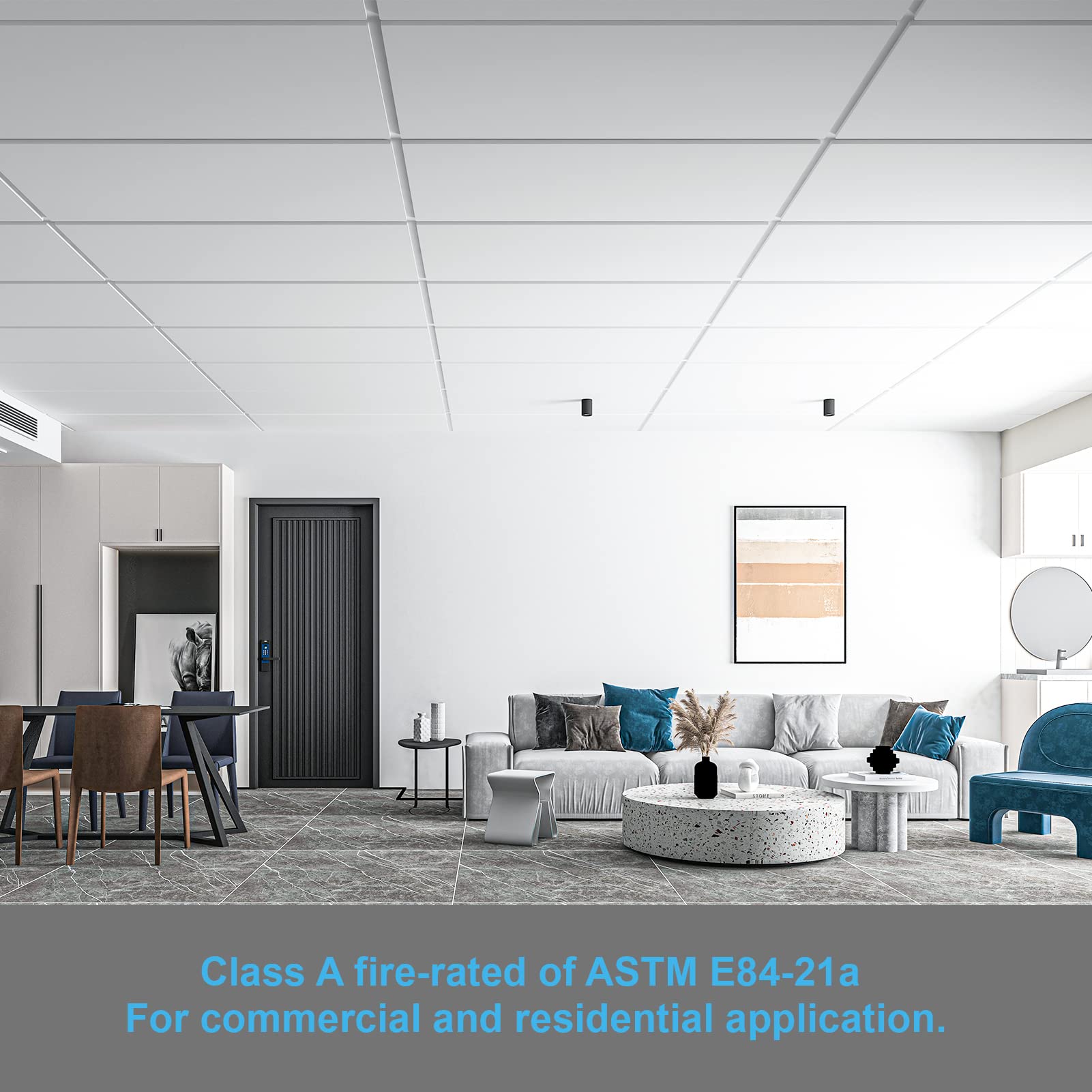 Art3d fire-rated ceiling tile emphasizes safety-minded design for spaces.