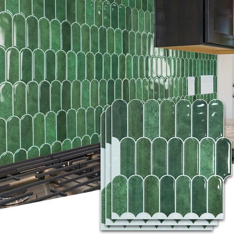 Art3d green marble backsplash tiles close-up with realistic veining and easy-clean surface.