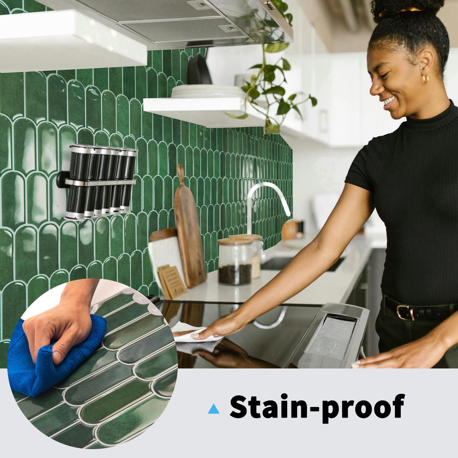 Art3d light-reflective green marble vinyl surface brightening a small kitchen wall.