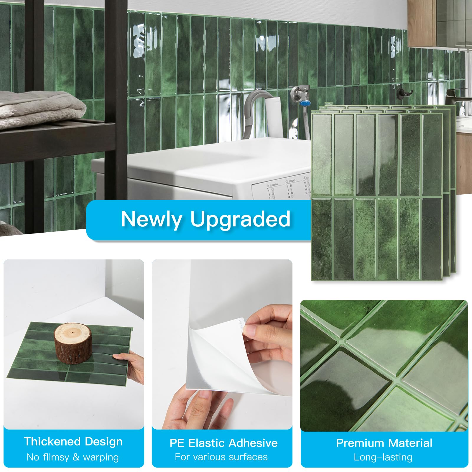 Art3d green peel-stick backsplash tile enhances walls with bold color and modern style.