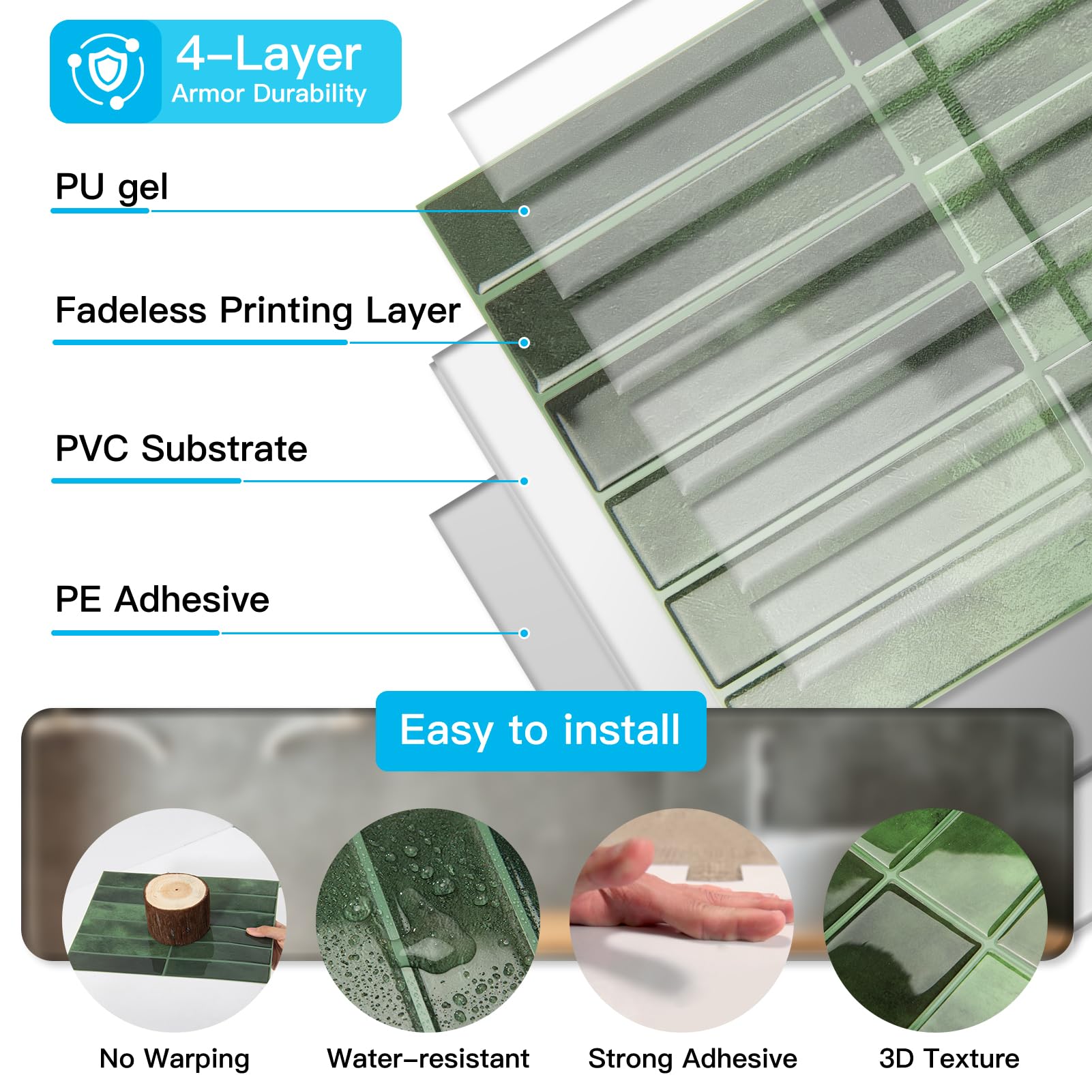 Art3d green peel-stick backsplash tile suitable for countertops and splash zones.