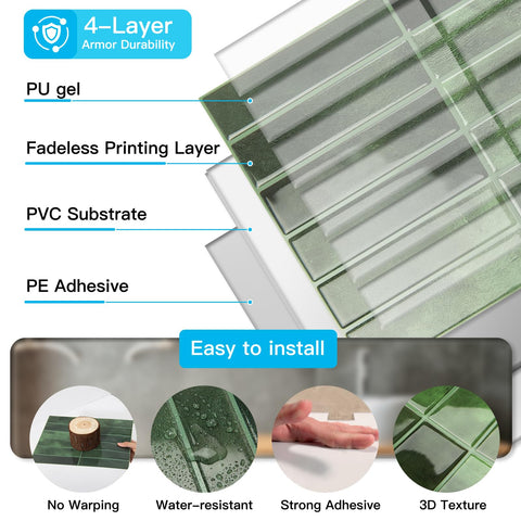 Art3d green peel-stick backsplash tile suitable for countertops and splash zones.