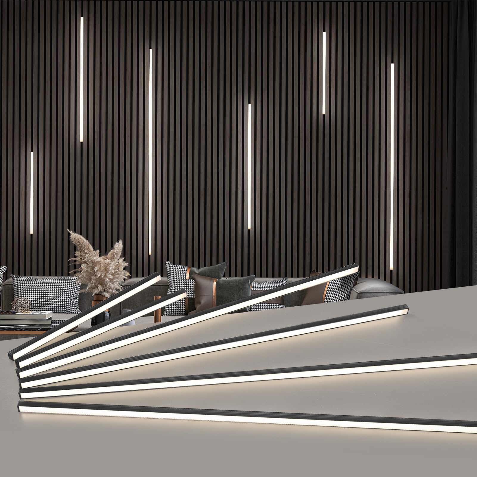 Art3d LED recessed light bars 16in on wood slats provide subtle accent lighting.