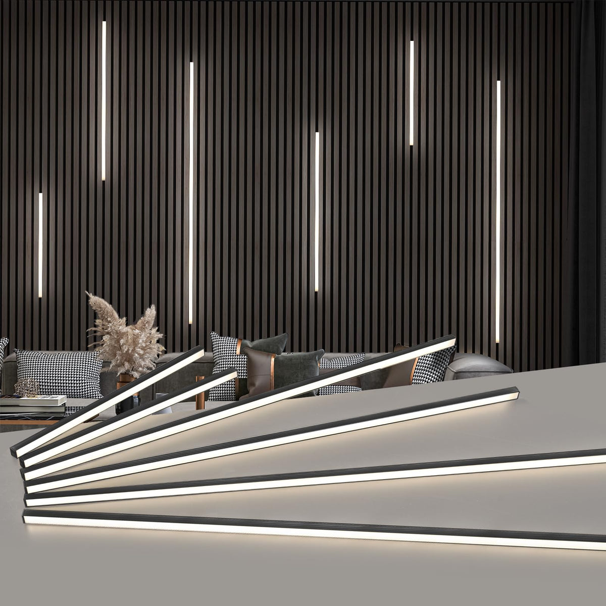Art3d LED recessed light bars 16in on wood slats provide subtle accent lighting.
