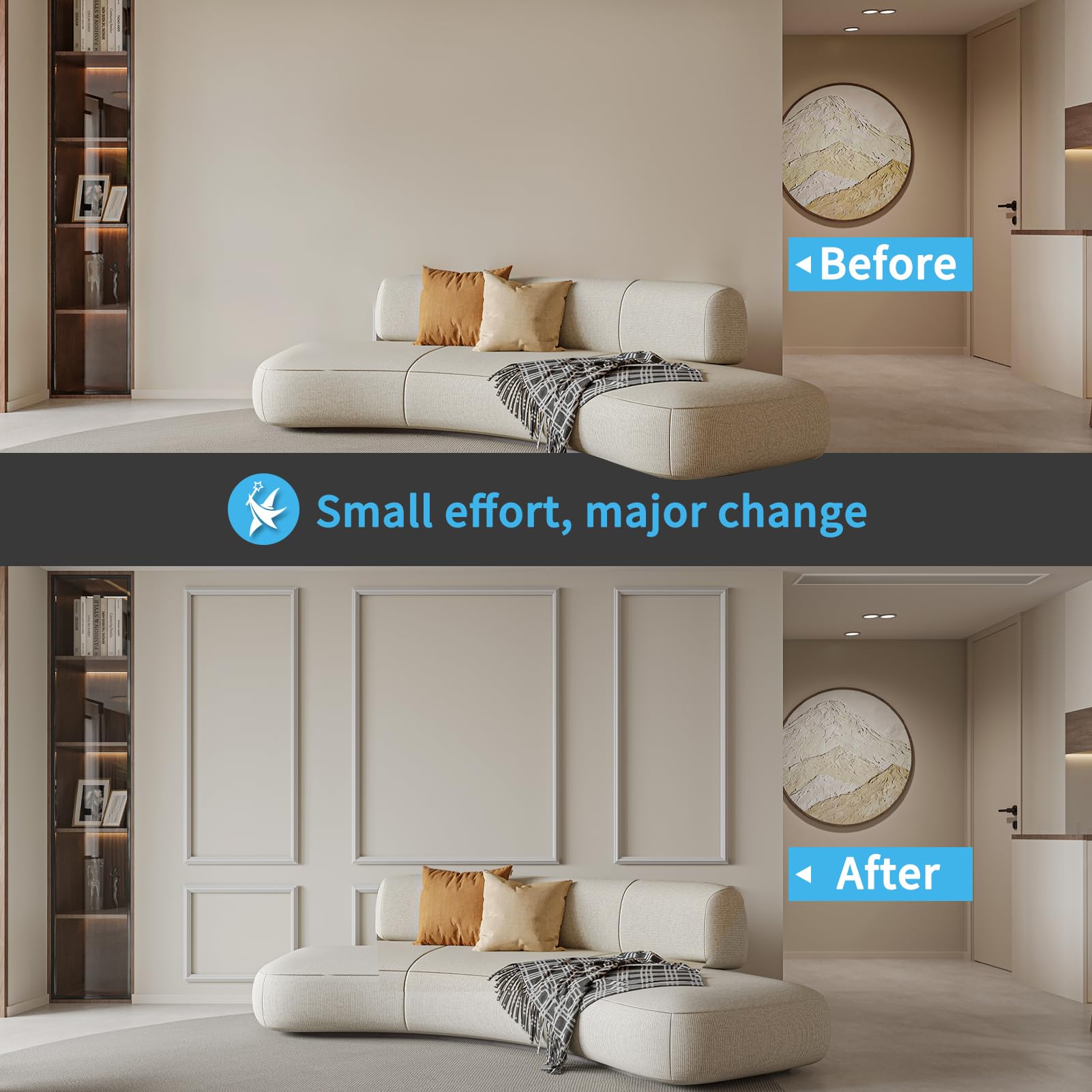 Art3d living room accent wall molding enhances depth and traditional elegance.