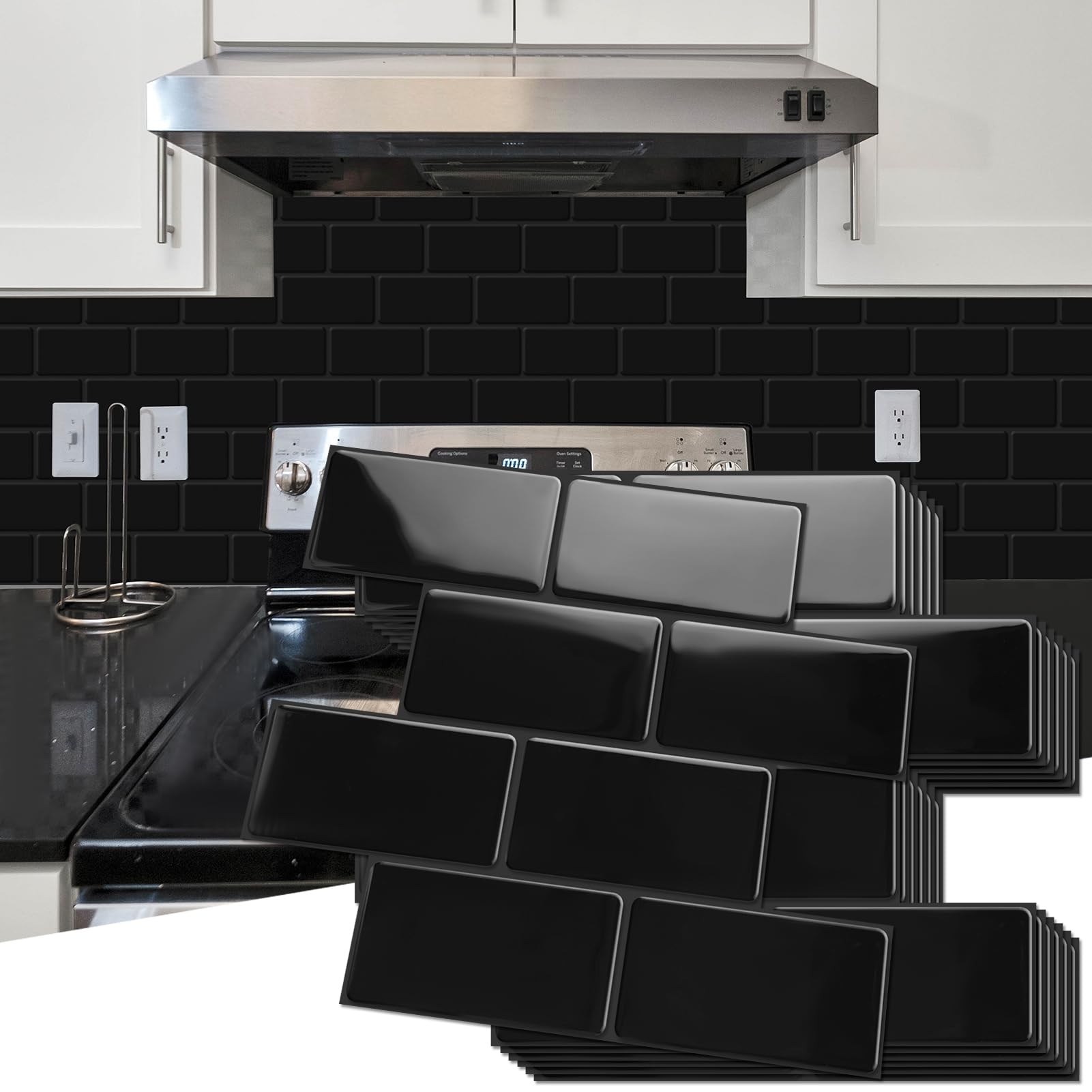 Art3d black peel and stick backsplash closeup shows thick, durable tile texture.