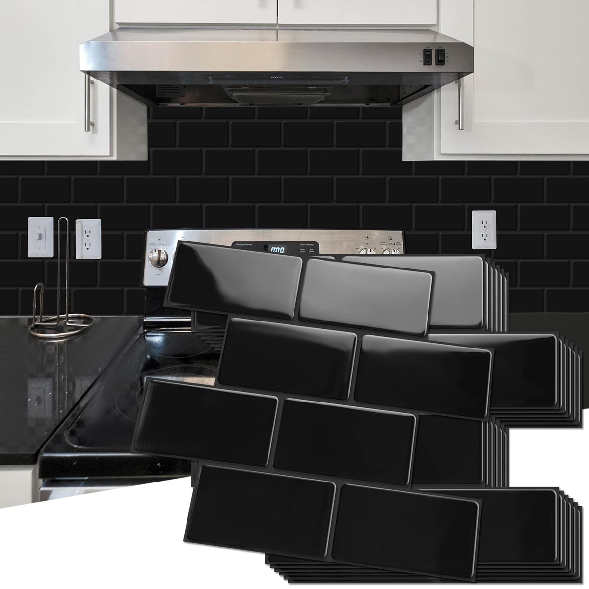 Art3d black peel and stick backsplash closeup shows thick, durable tile texture.