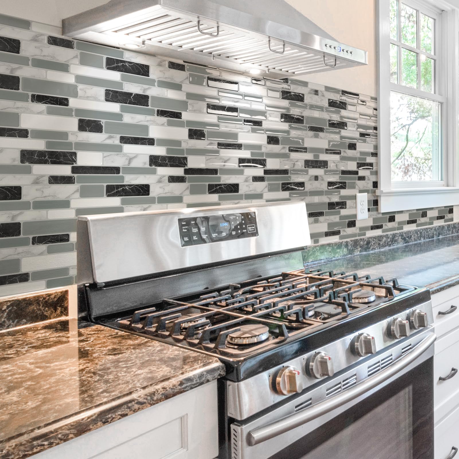 Art3d peel-and-stick tile close-up showing marble pattern and stain-resistant surface