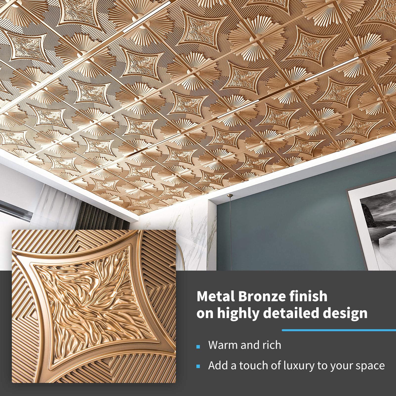 Art3d PVC ceiling tiles bronze 24x24, lightweight and easy to install