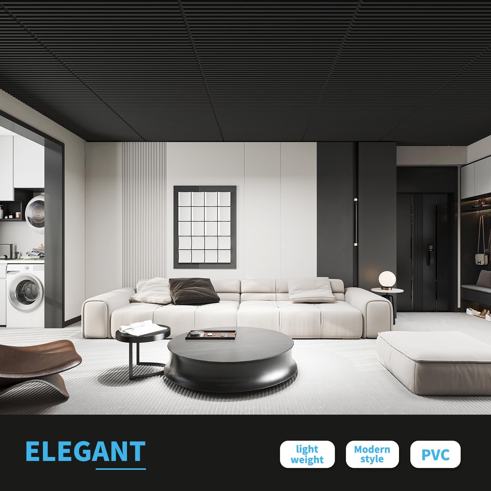 Art3d PVC wall panel in black, waterproof for versatile interiors.