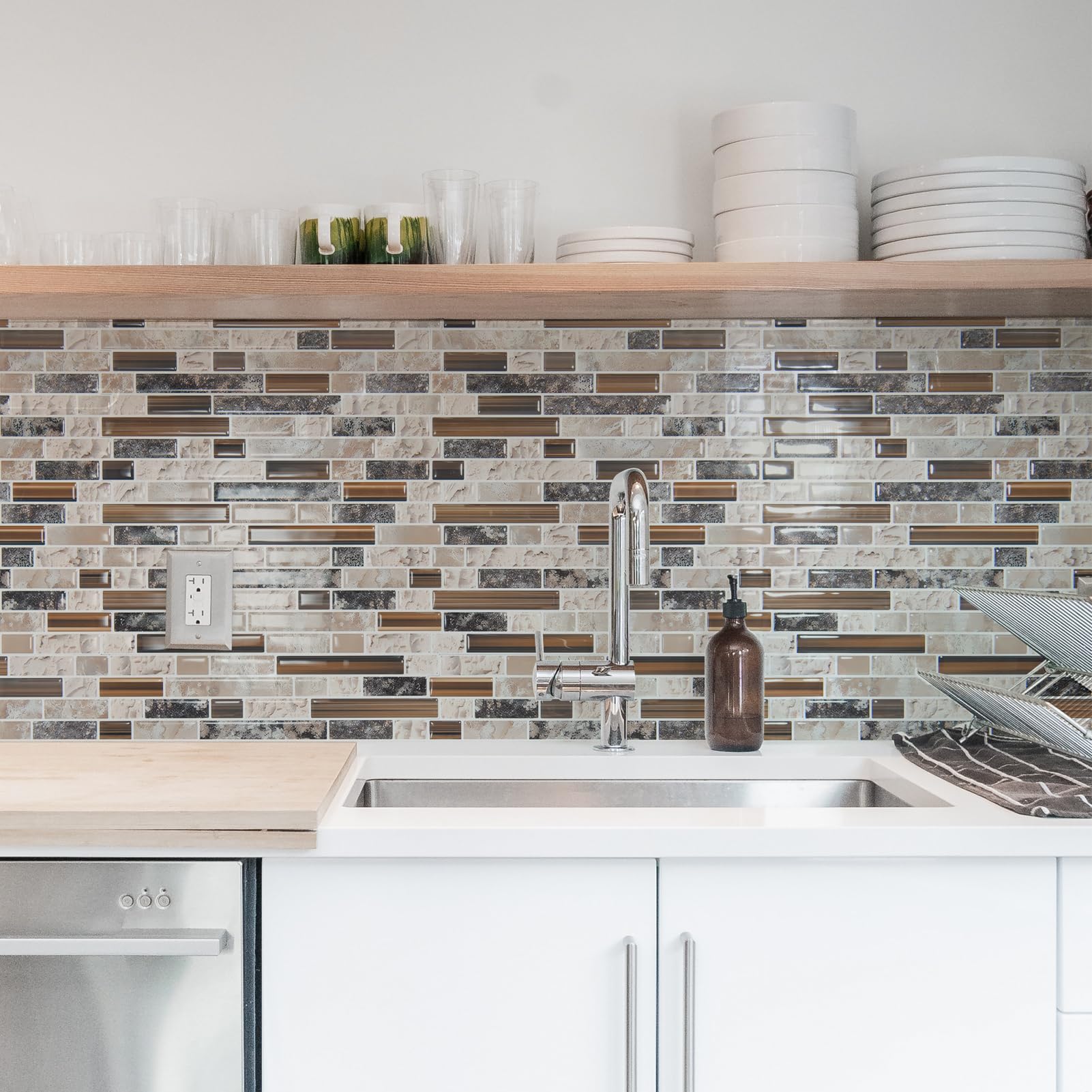 Art3d sandstone kitchen backsplash installed for seamless, modern appeal.