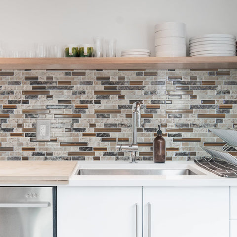Art3d sandstone kitchen backsplash installed for seamless, modern appeal.