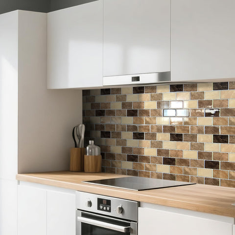 Art3d self-adhesive backsplash tiles applied to clean surfaces for solid adhesion.