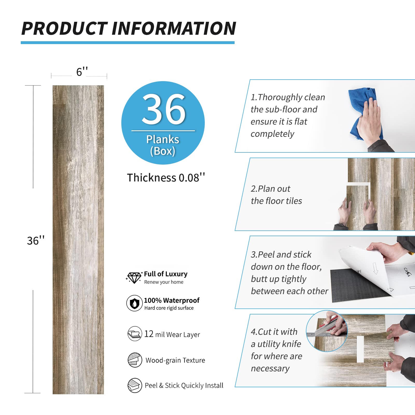 Art3d Self-adhesive flooring for tool-free installation