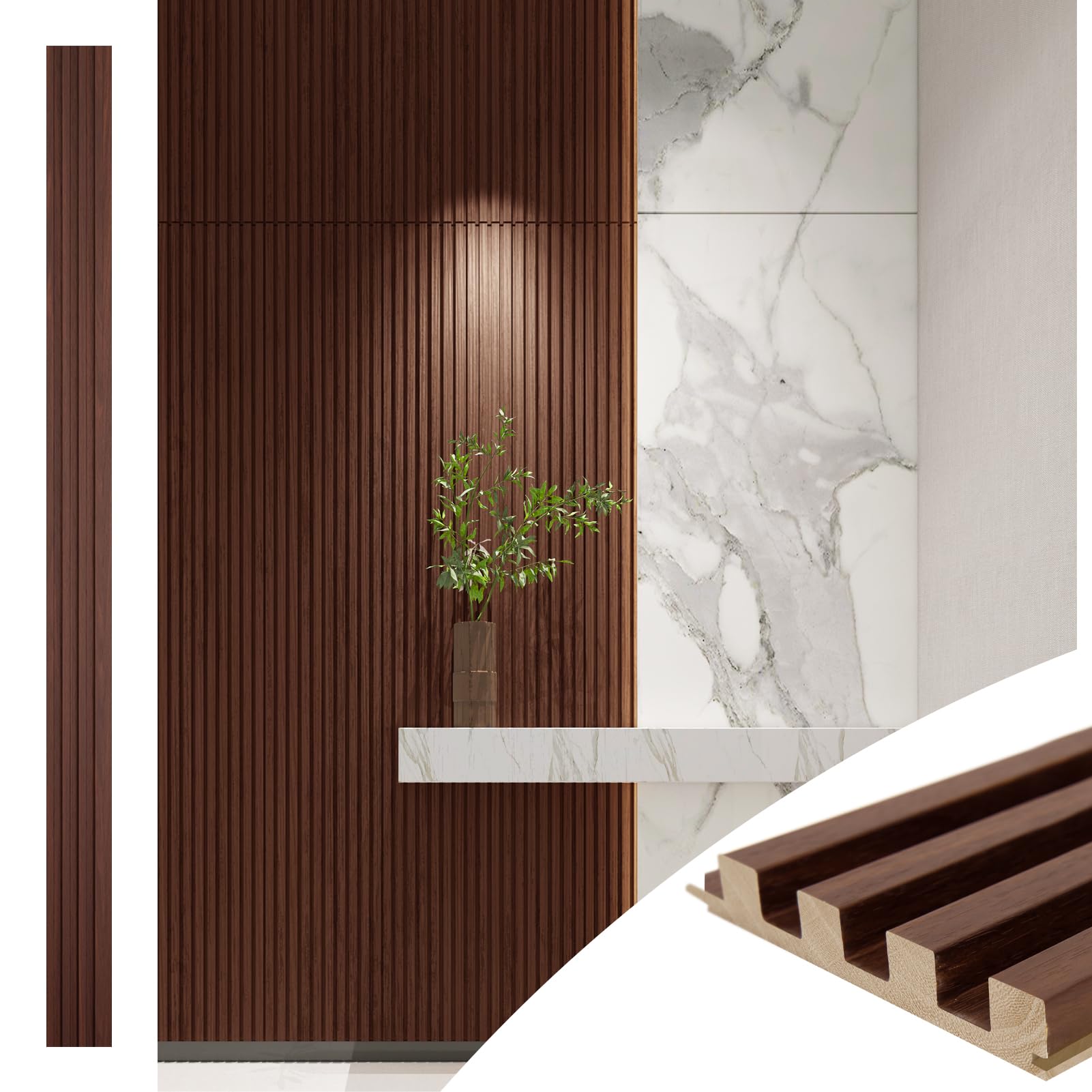 Art3d walnut slat paneling adds modern texture to interior walls.