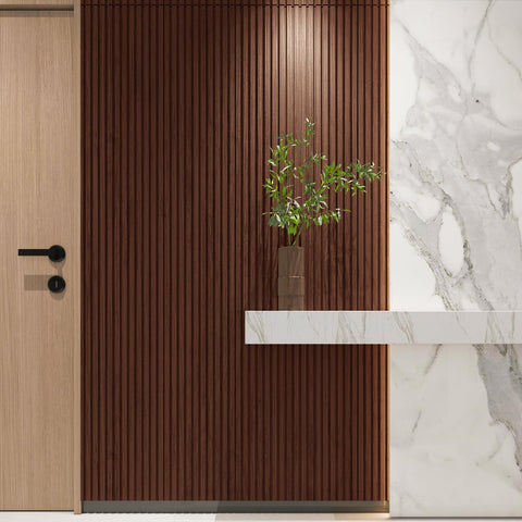 Art3d walnut slat paneling complements cabinets and furniture decor.