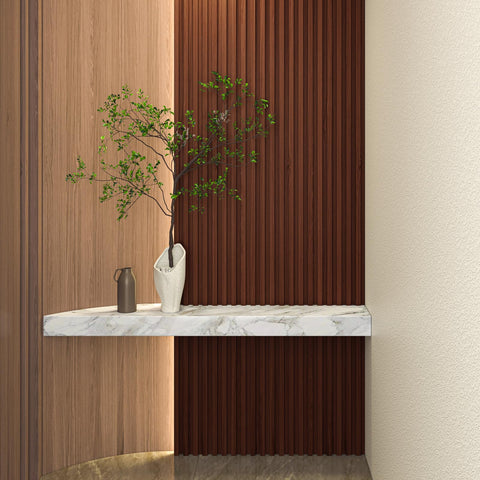 Art3d textured walnut slat panels elevate modern office interiors.