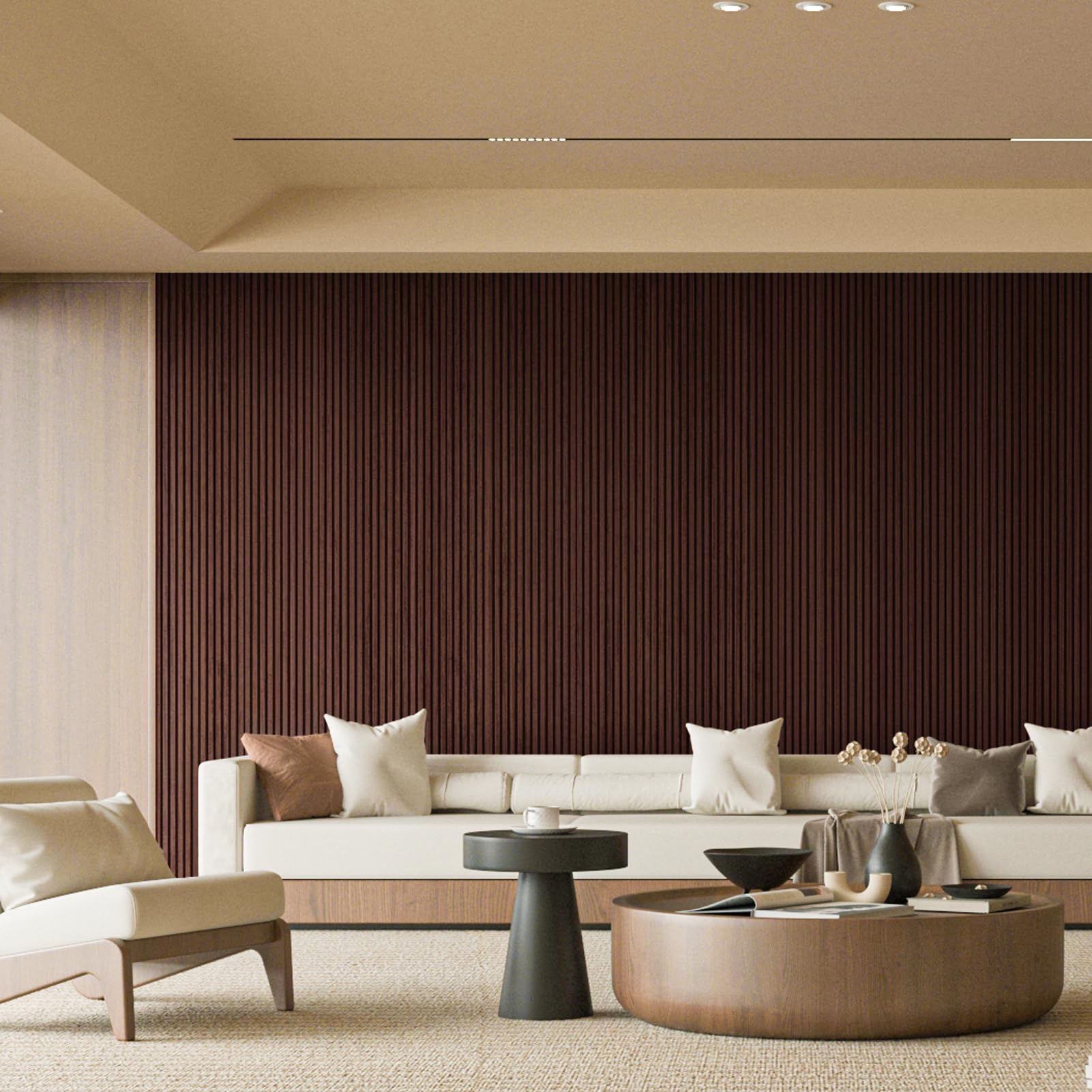 Art3d end trim completes the walnut slat wall paneling style.