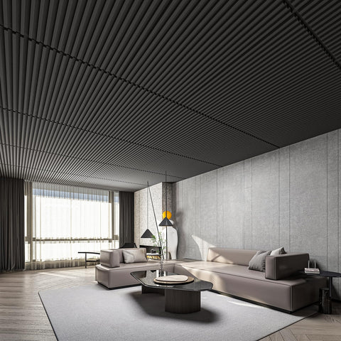 Art3d 3D slat ceiling panel in black adds depth and texture.