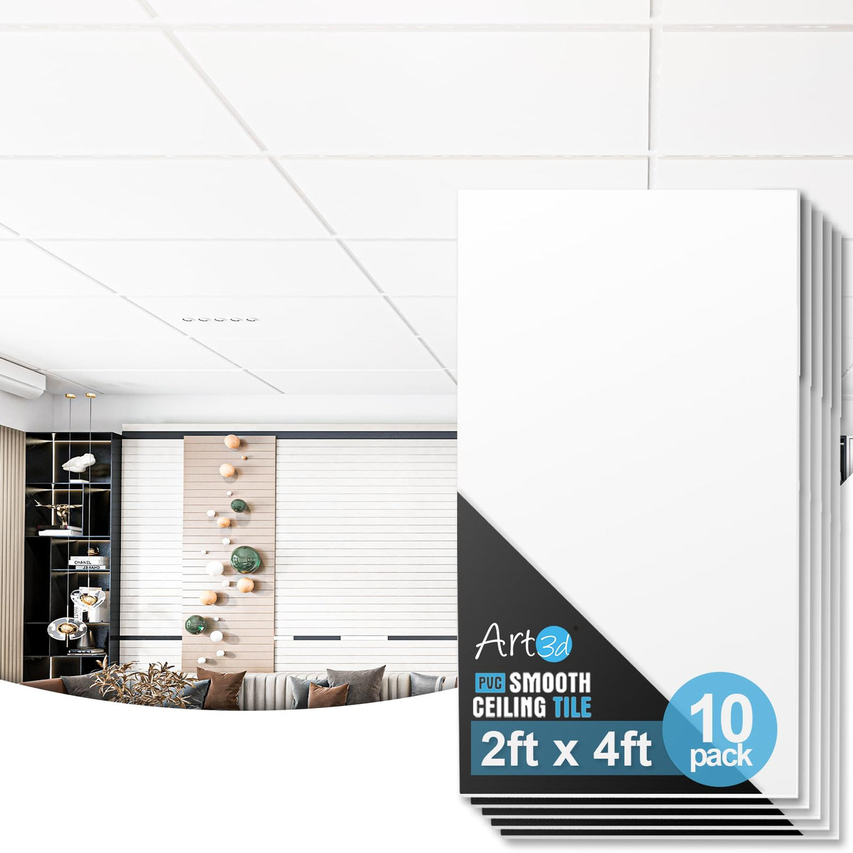 Art3d smooth drop ceiling tile 2x4 white offers a clean, modern look with water resistance.