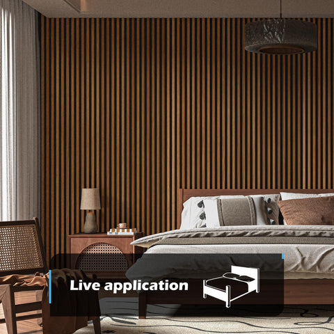 Art3d teak panel on ceiling demonstrates modern wall decor and sound dampening.