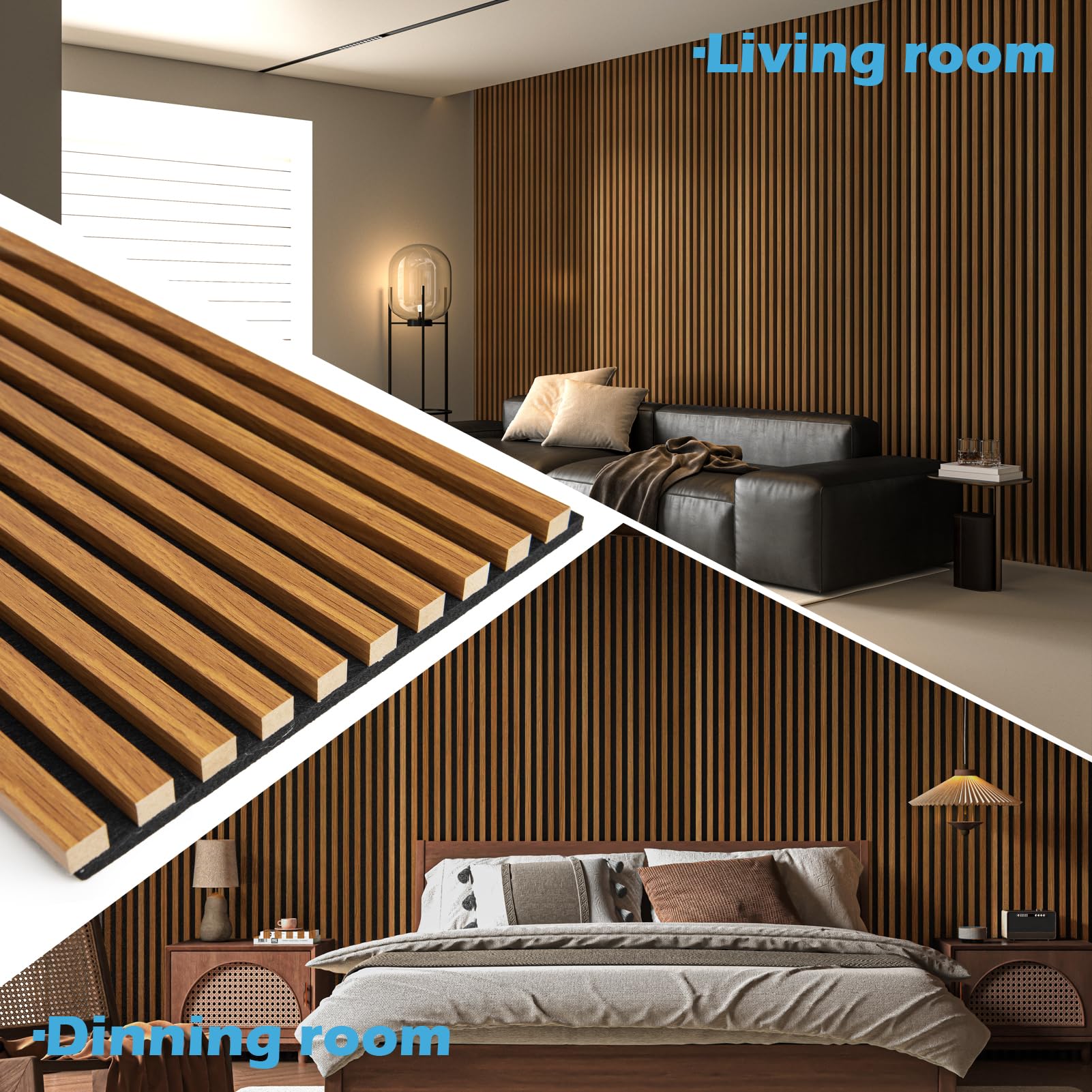 Art3d teak acoustic wall panel 108x12 showing easy glue or screw installation.