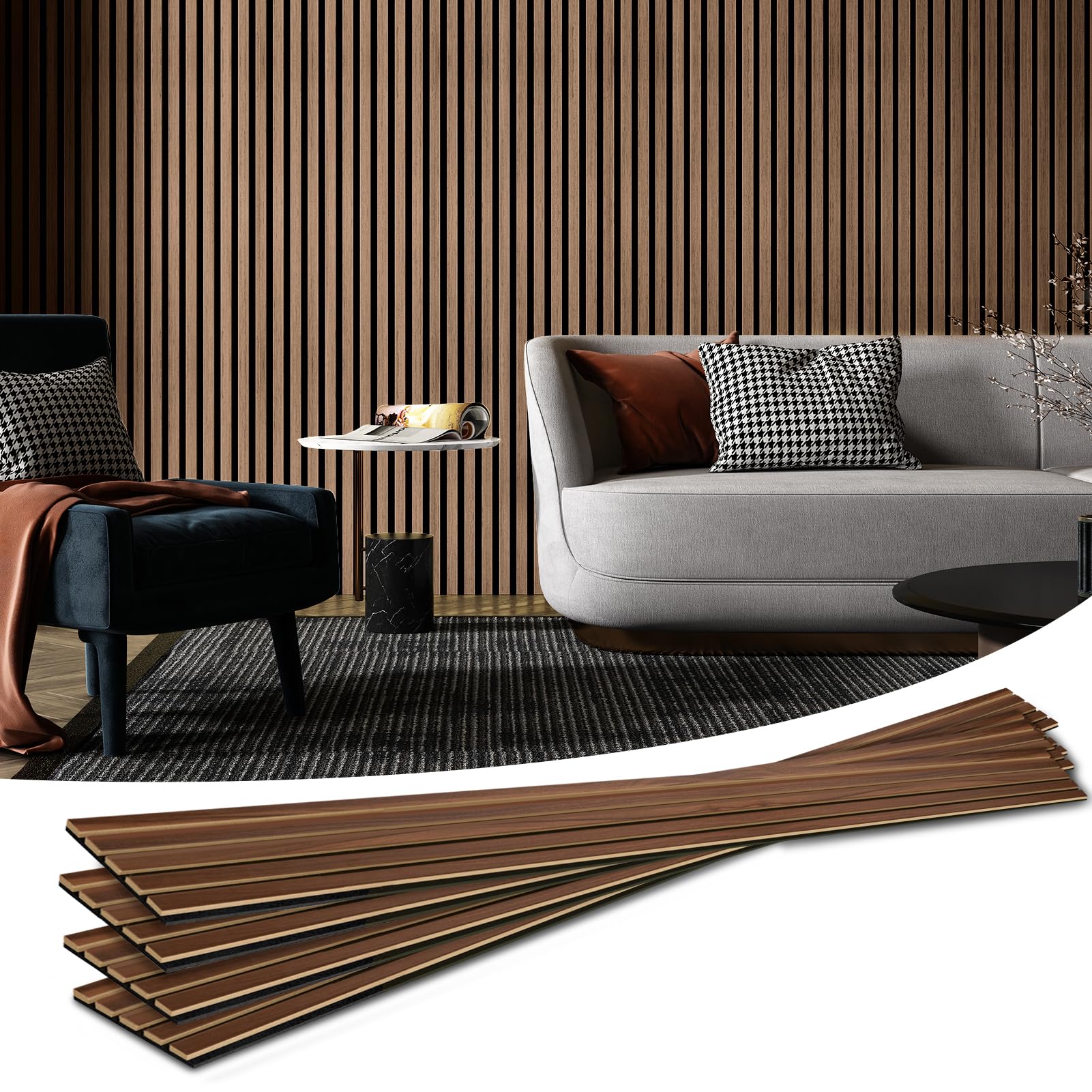 Art3d walnut wood slat acoustic panel on wall improves room acoustics.