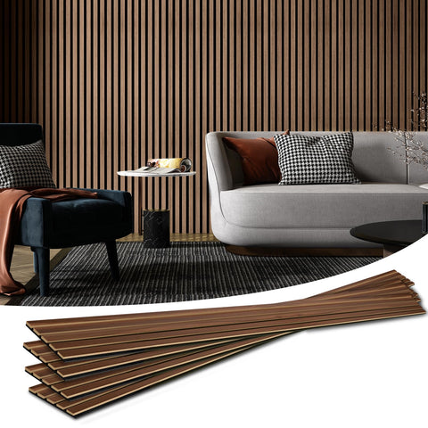 Art3d walnut wood slat acoustic panel on wall improves room acoustics.