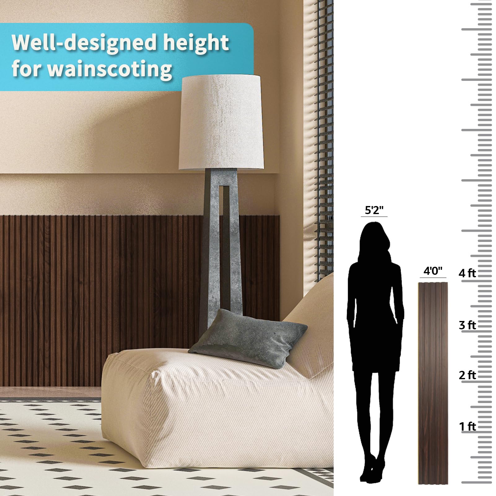 Art3d WPC Wainscoting bedroom Walnut 48x6 adds warm ambience.