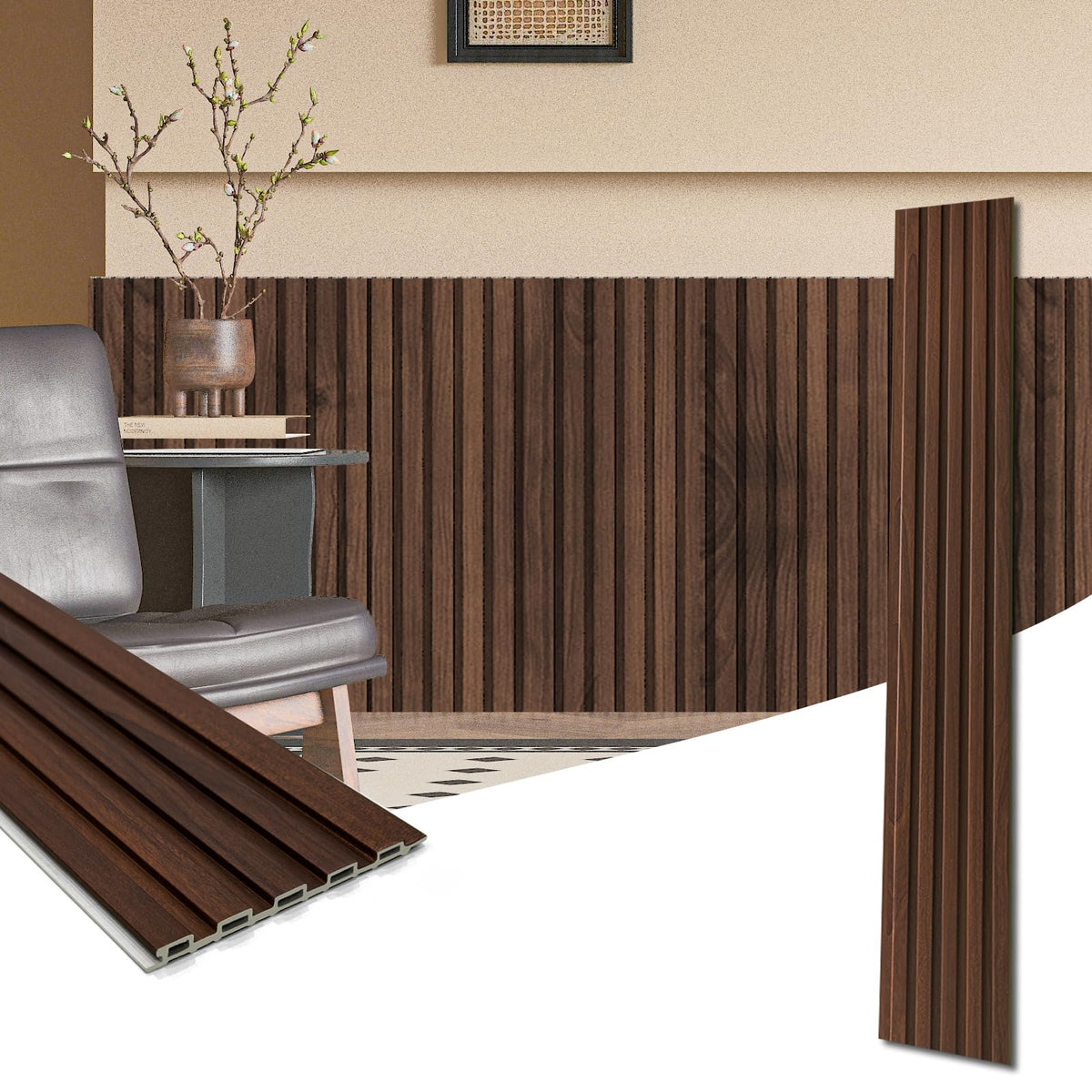 Art3d WPC Wainscoting Walnut 48x6 panel adds warm texture and easy installation.