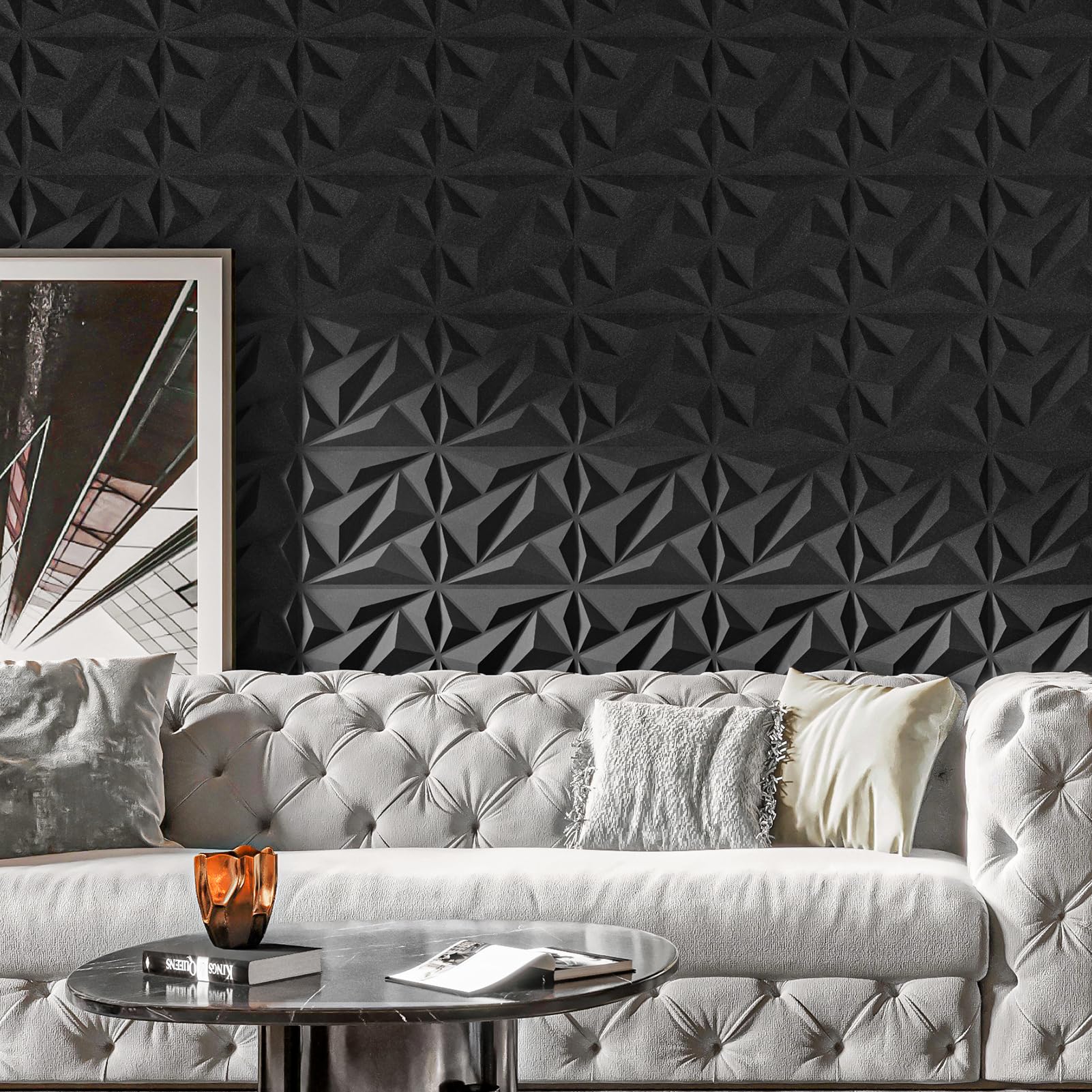 Art3dwallpanels living-room decor diamond panel creates a chic focal point.
