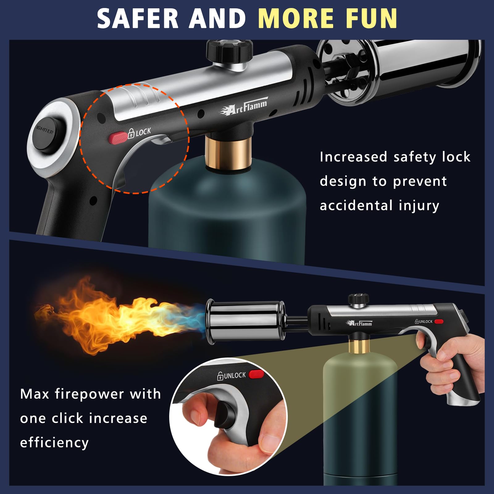 Artflamm torch gun showing upgraded safety lock for safer use