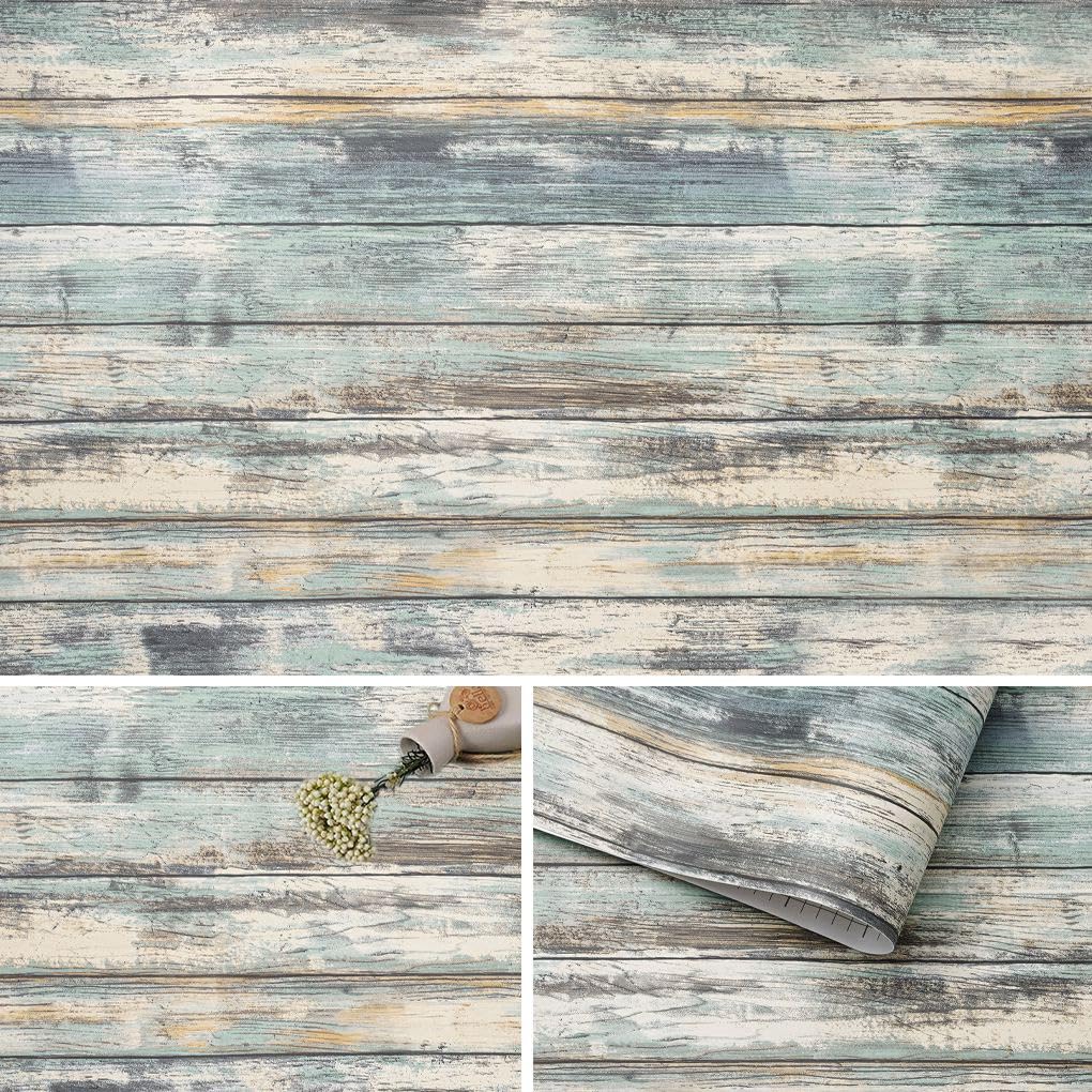 Arthome blue rustic wood paper on cabinet showing durable wood grain and easy cleaning