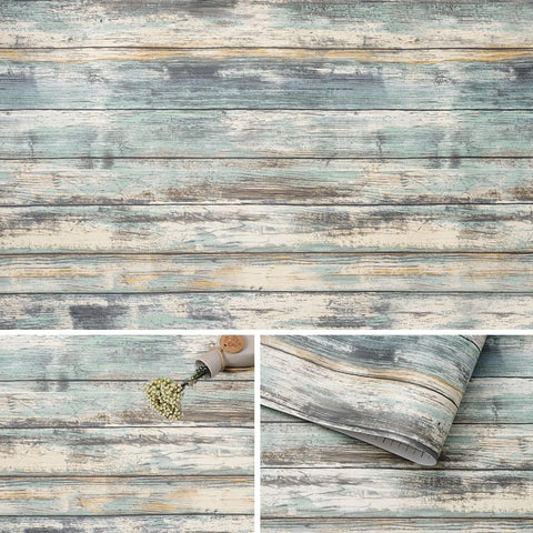 Arthome blue rustic wood paper on cabinet showing durable wood grain and easy cleaning